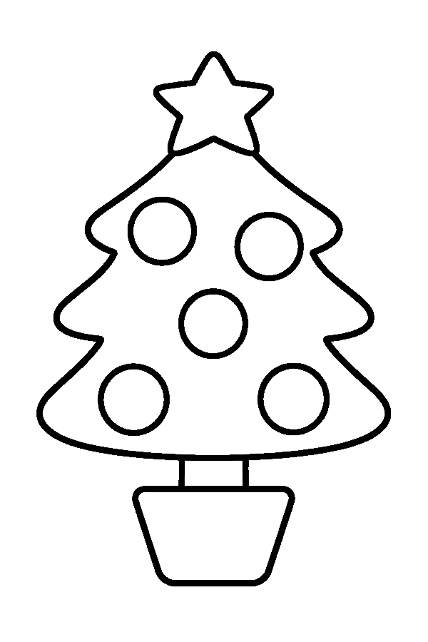 Ausmalbild Weihnachtsbaum: einfacher Weihnachtsbaum im Topf mit Stern und großen Kugeln