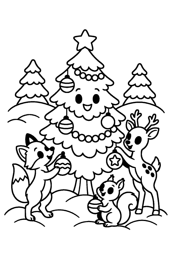 Ausmalbild Weihnachtsbaum: Fuchs, Reh und Eichhörnchen bringen Schmuck zu einem lachenden Weihnachtsbaum im Wald