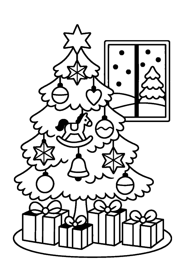 Ausmalbild Weihnachtsbaum: Weihnachtsbaum mit Strohsternen im gemütlichen Wohnzimmer