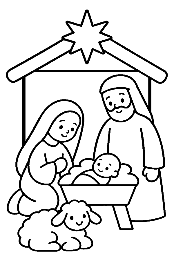 Ausmalbild Engel & Krippe: Weihnachtskrippe mit Maria, Josef und dem Jesuskind