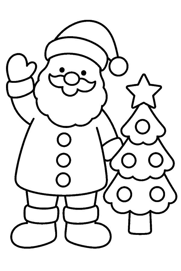 Ausmalbild Weihnachtsmann: Weihnachtsmann winkt neben einem kleinen Weihnachtsbaum