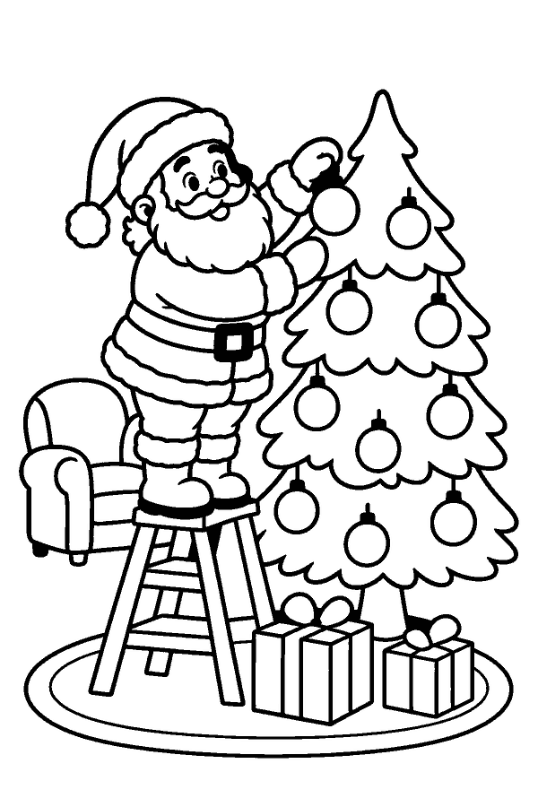 Ausmalbild Weihnachtsmann: Weihnachtsmann schmückt auf einer Leiter den Weihnachtsbaum