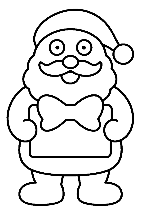 Ausmalbild Weihnachtsmann: Weihnachtsmann hält ein großes Geschenk mit Schleife