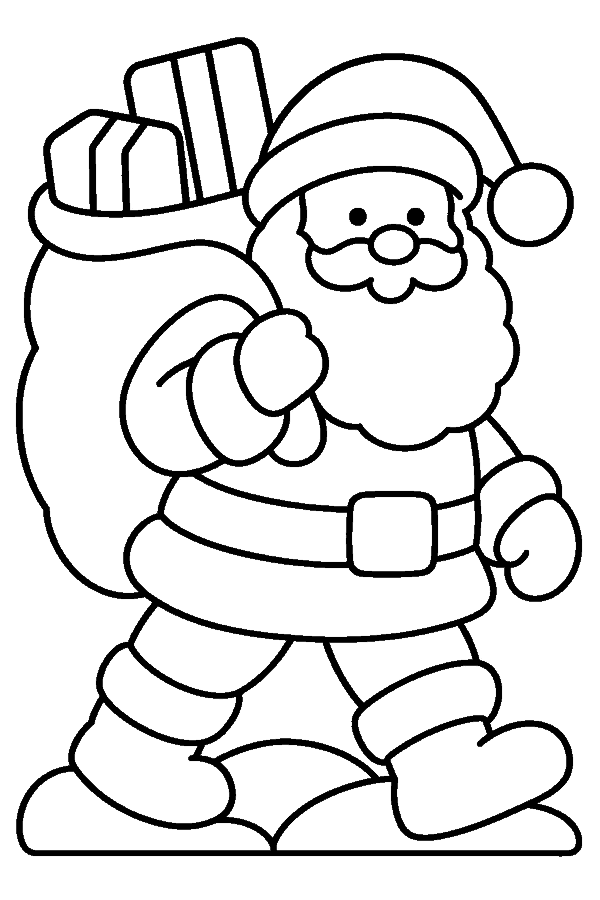 Ausmalbild Weihnachtsmann: Weihnachtsmann trägt den Geschenkesack durch den Schnee