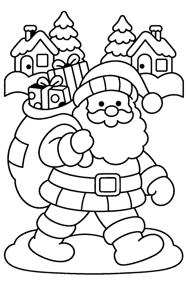 Ausmalbild Weihnachtsmann: Weihnachtsmann mit Geschenkesack in einer verschneiten Dorfstraße