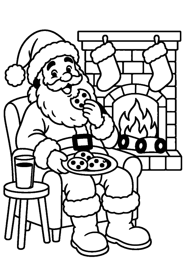 Ausmalbild Weihnachtsmann: Weihnachtsmann isst am Kamin Plätzchen, dazu ein Glas Milch