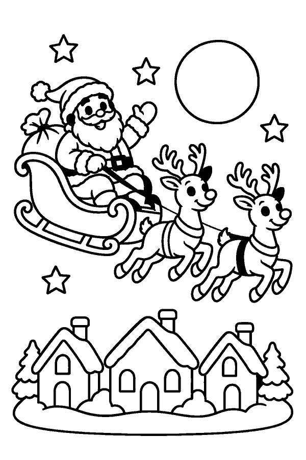Ausmalbild Weihnachtsmann: Weihnachtsmann im Rentierschlitten über einem verschneiten Dorf unter dem Vollmond