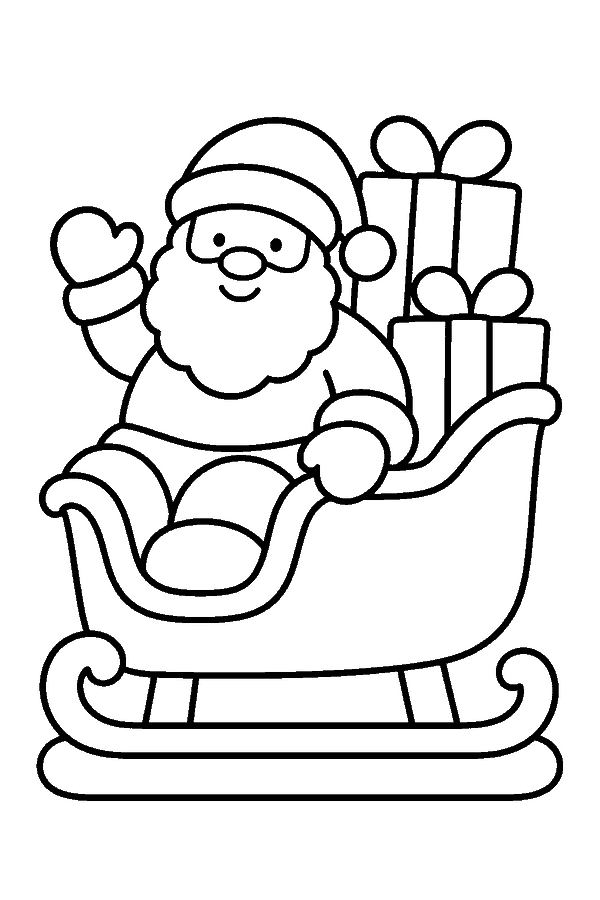 Ausmalbild Weihnachtsmann: Weihnachtsmann sitzt im Schlitten voller Geschenke