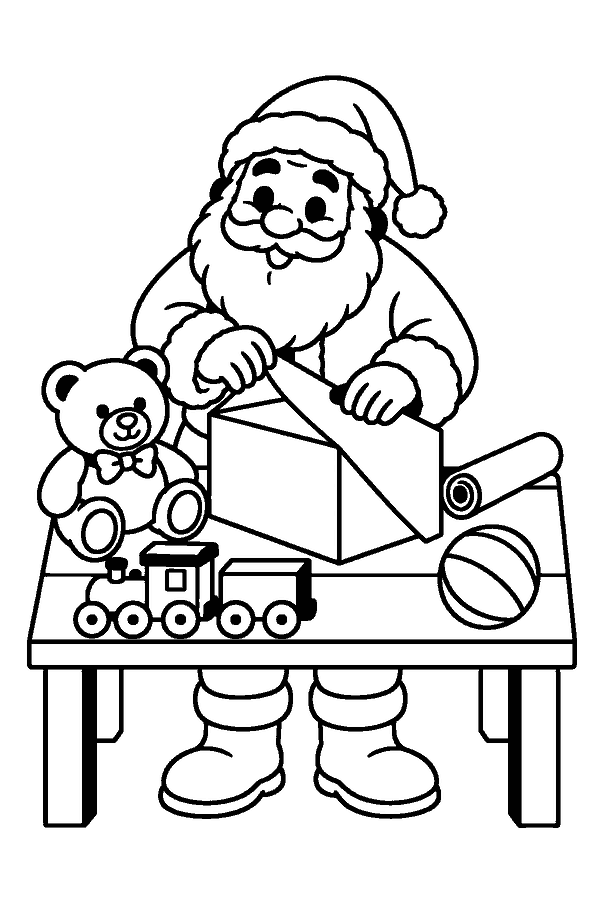Ausmalbild Weihnachtsmann: Weihnachtsmann packt in der Werkstatt Geschenke ein, daneben Teddy, Holzeisenbahn und Ball