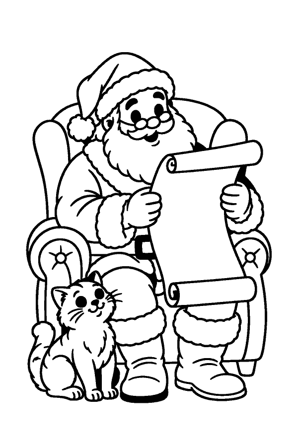Ausmalbild Weihnachtsmann: Weihnachtsmann liest im Sessel den Wunschzettel, eine Katze sitzt daneben