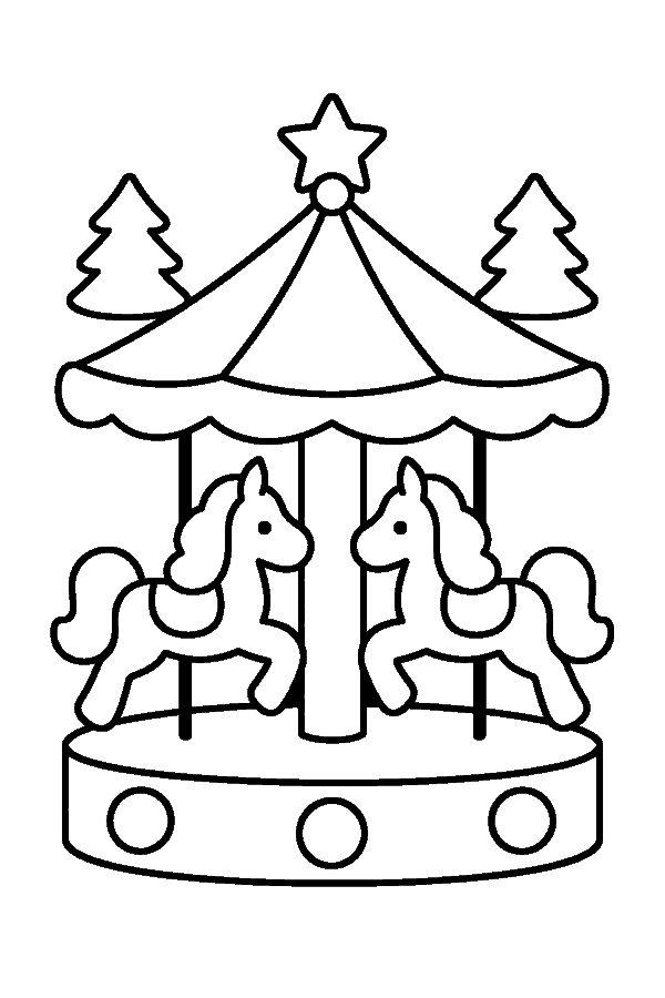 Ausmalbild Weihnachtsmarkt: Kinderkarussell mit Pferden auf dem Weihnachtsmarkt