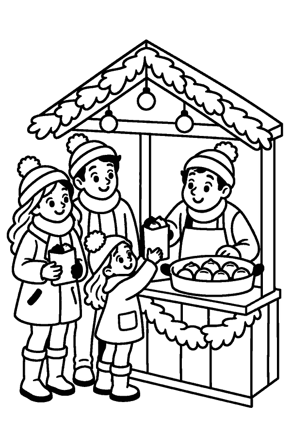 Ausmalbild Weihnachtsmarkt: Familie kauft heiße Maronen am Stand