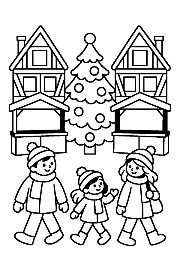 Ausmalbild Weihnachtsmarkt: Weihnachtsmarkt mit Buden, großem Baum und Fachwerkhäusern