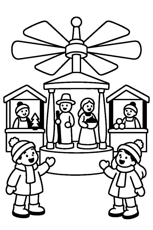 Ausmalbild Weihnachtsmarkt: große Weihnachtspyramide auf dem Weihnachtsmarkt