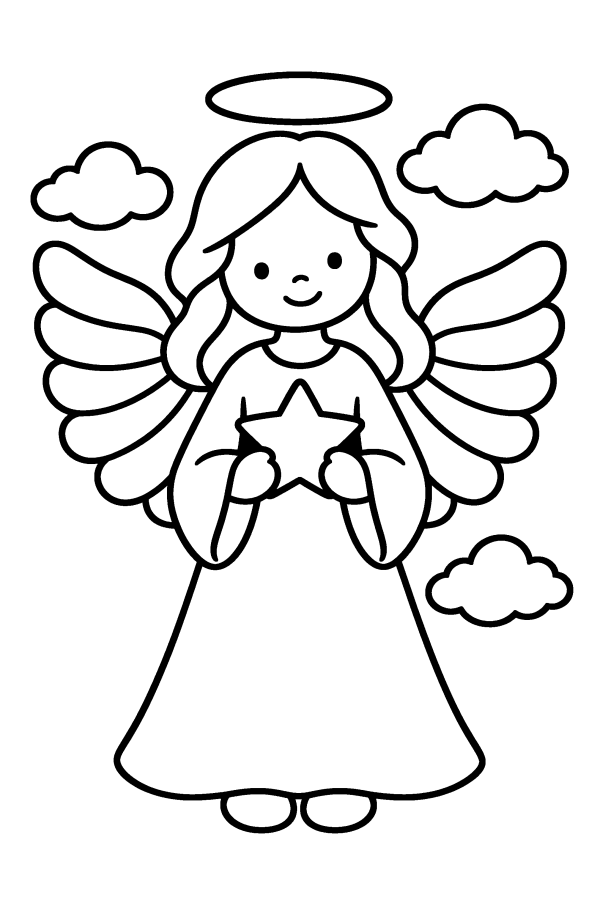 Dibujo del nacimiento para colorear: un ángel con alas grandes y una estrella