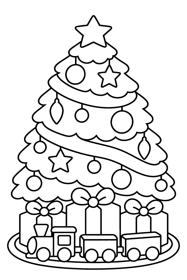 Dibujo de árbol de Navidad para colorear: un árbol con guirnalda, regalos y un tren de juguete