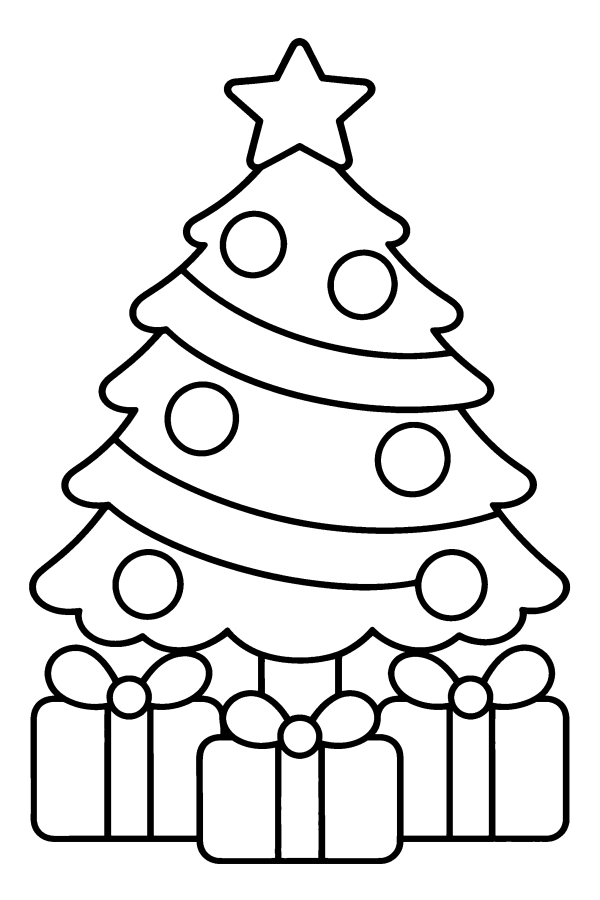 Dibujo de árbol de Navidad para colorear: regalos debajo del árbol de Navidad