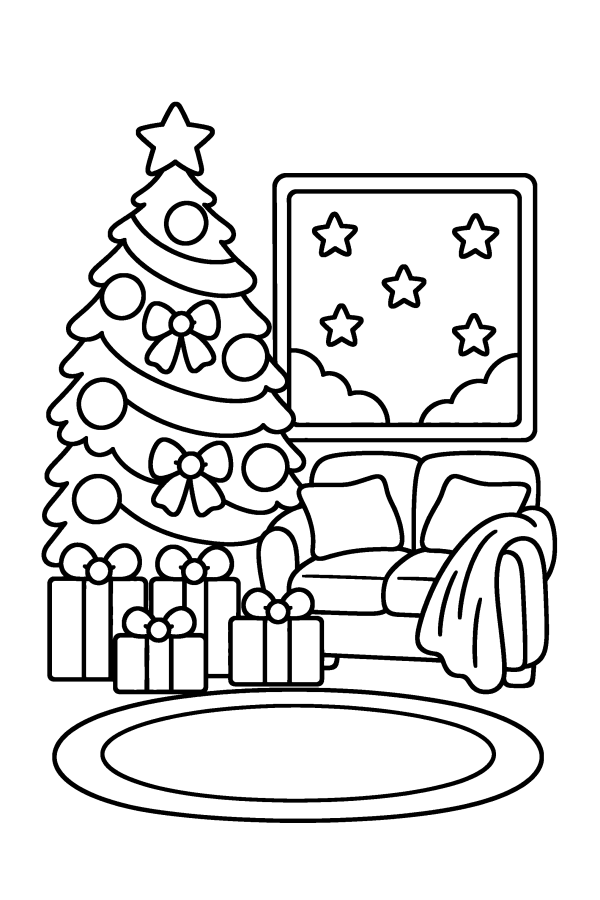 Dibujo de árbol de Navidad para colorear: el árbol de Navidad en casa