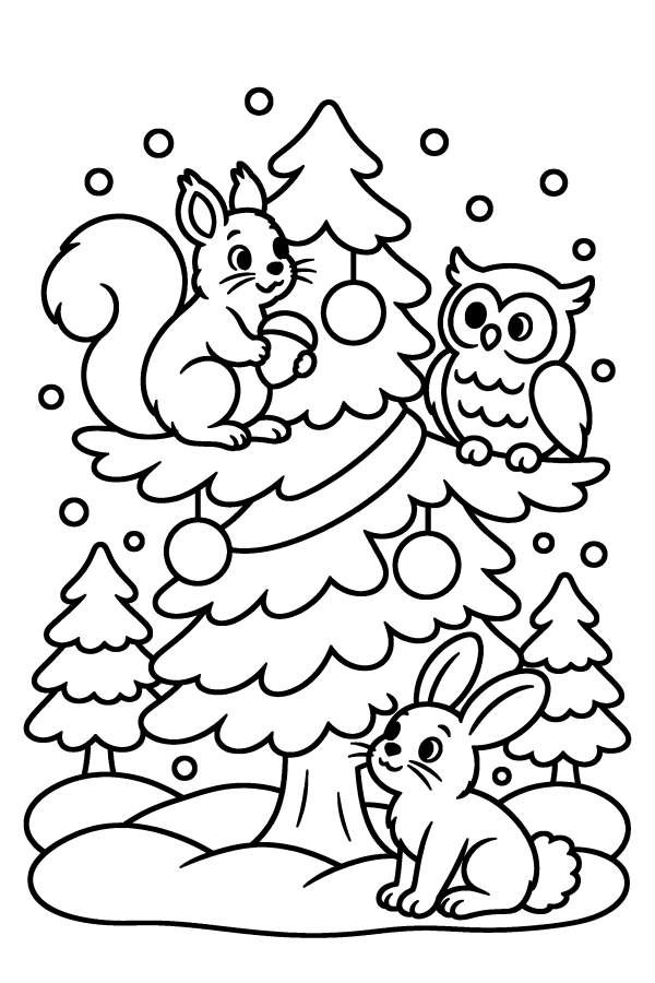 Dibujo de animales navideños para colorear: una ardilla, un búho y un conejo junto a un árbol decorado