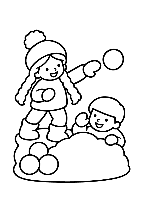 Dibujo navideño de invierno para colorear: dos niños juegan a lanzarse bolas de nieve