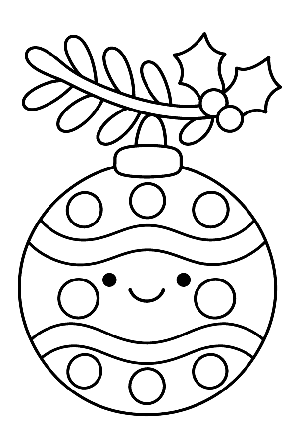 Dibujo navideño kawaii para colorear: una bola de Navidad kawaii