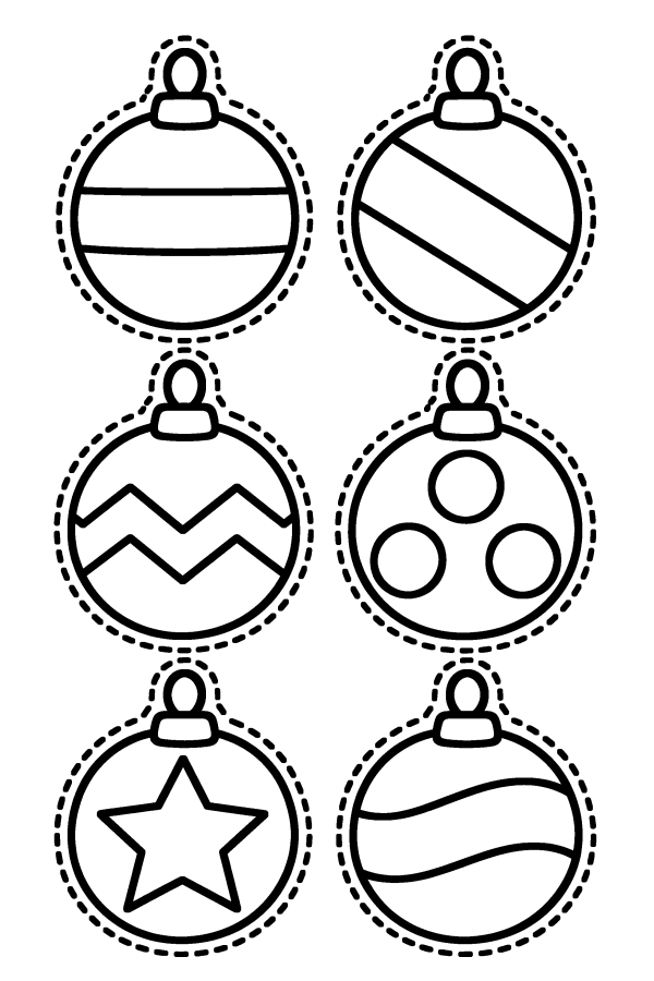 Dibujo de bolas y esferas de Navidad para colorear: seis bolas con dibujos sencillos para recortar