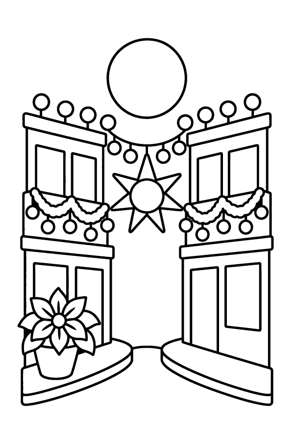 Dibujo de Navidad en México para colorear: casas con luces de Navidad y una piñata
