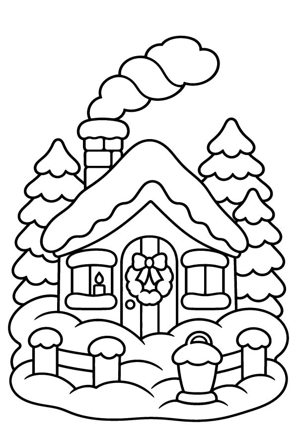 Dibujo navideño de invierno para colorear: una casita en la nieve con una corona en la puerta