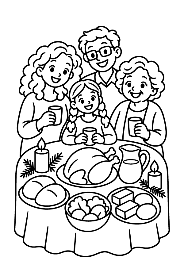 Dibujo de Navidad en España para colorear: una cena de Nochebuena en familia