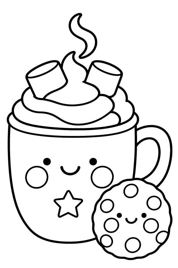 Dibujo navideño kawaii para colorear: una taza de chocolate caliente kawaii
