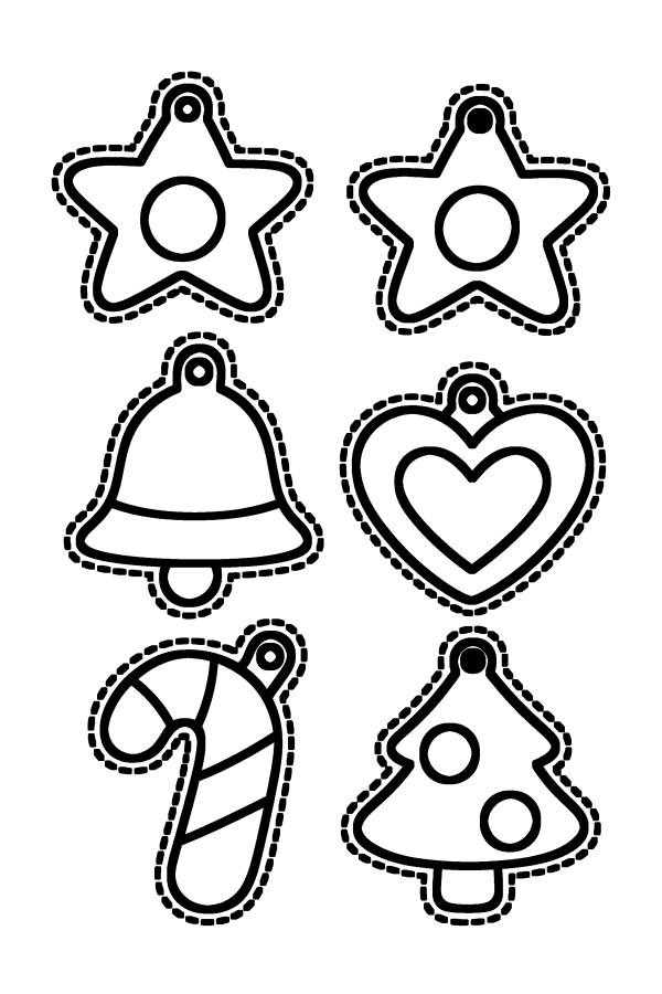 Dibujo de adornos de Navidad para colorear: estrellas, campana y bastón de caramelo para recortar