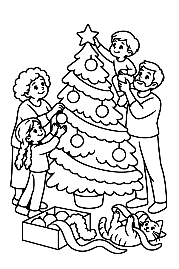 Dibujo de árbol de Navidad para colorear: una familia adorna el árbol de Navidad