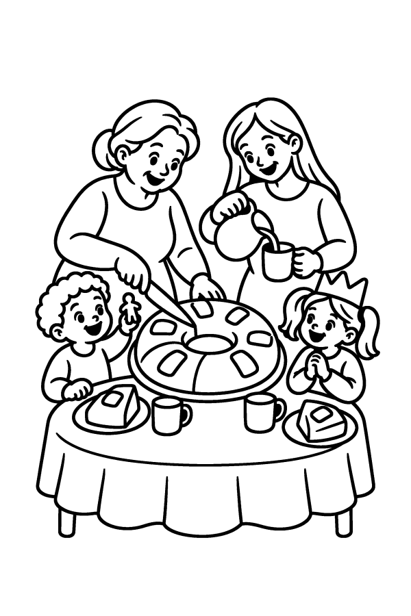Dibujo de los Reyes Magos para colorear: una familia parte el roscón o la rosca de Reyes y un niño encuentra la figurita
