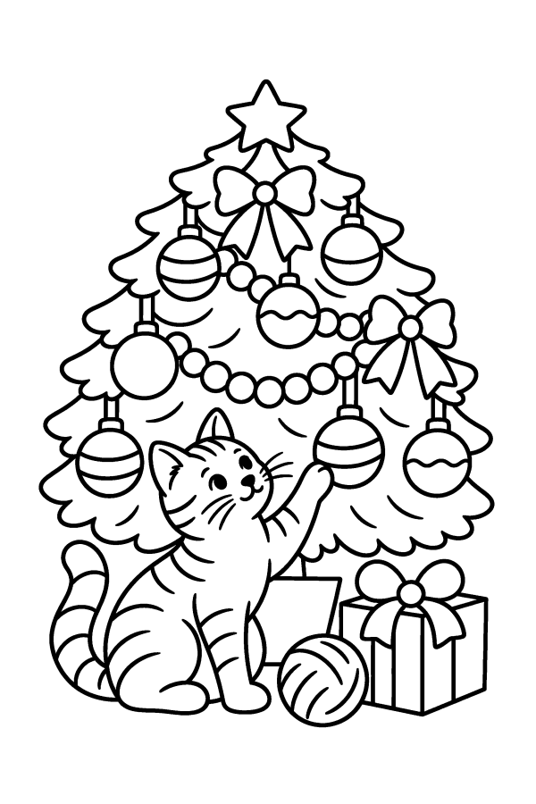 Dibujo de animales navideños para colorear: un gato juega con una bola del árbol