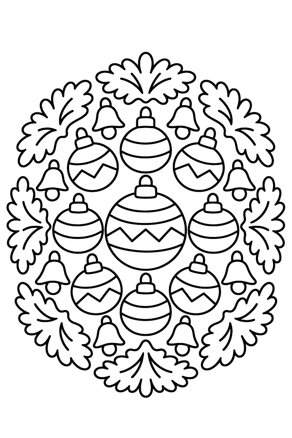 Mandala de Navidad para colorear: un mandala de esferas y campanas