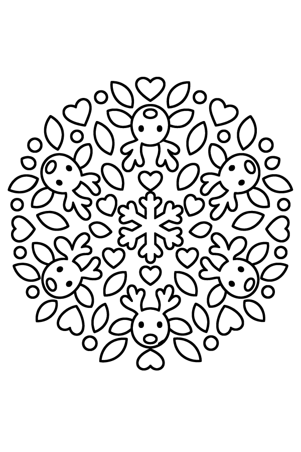 Mandala de Navidad para colorear: un mandala de renos alrededor de un copo de nieve