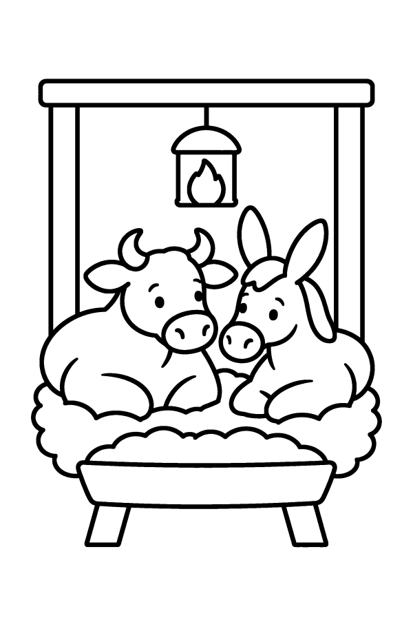 Dibujo del nacimiento para colorear: la mula y el buey junto al pesebre