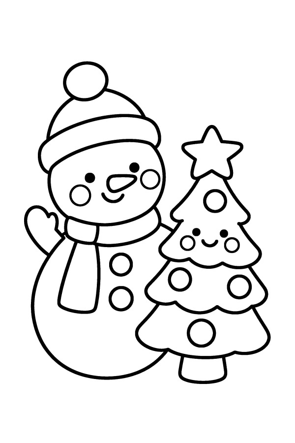 Dibujo navideño kawaii para colorear: un muñeco de nieve kawaii
