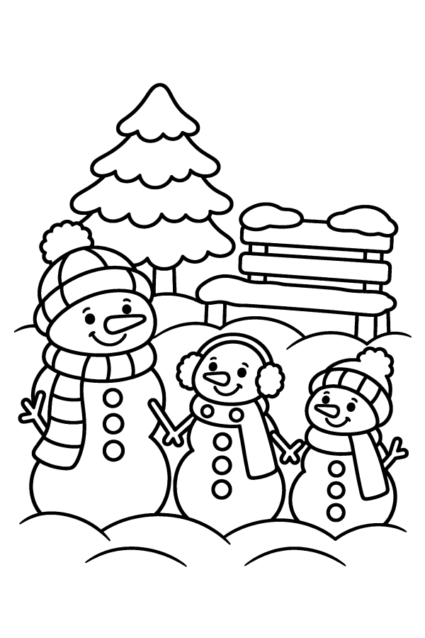 Dibujo de muñeco de nieve para colorear: una familia de muñecos de nieve