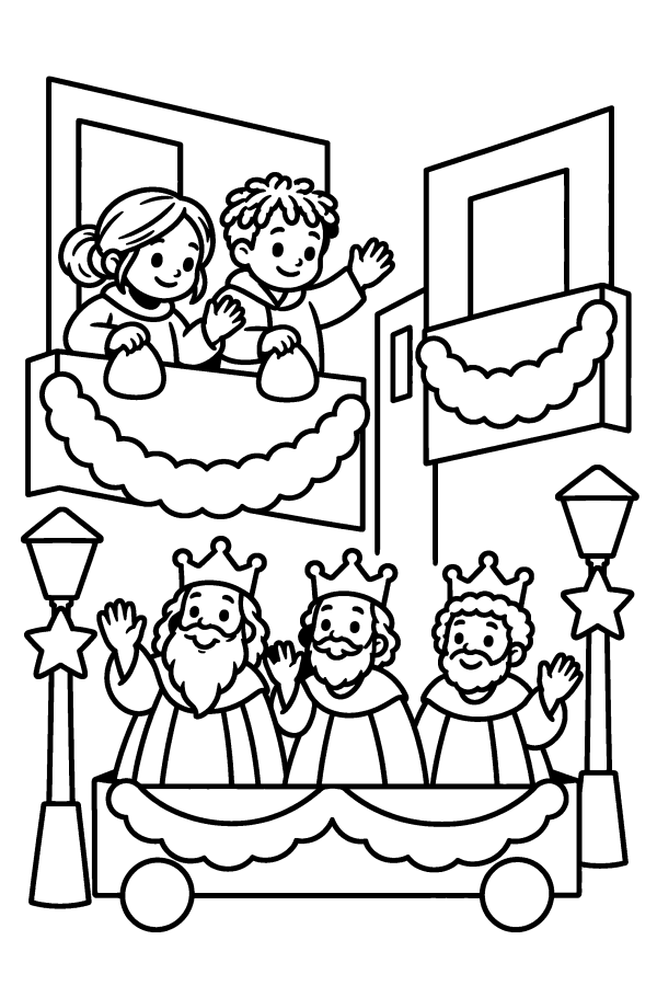 Dibujo de Navidad en España para colorear: niños esperan la cabalgata en el balcón