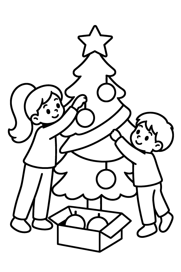 Dibujo de árbol de Navidad para colorear: dos niños decoran el árbol de Navidad