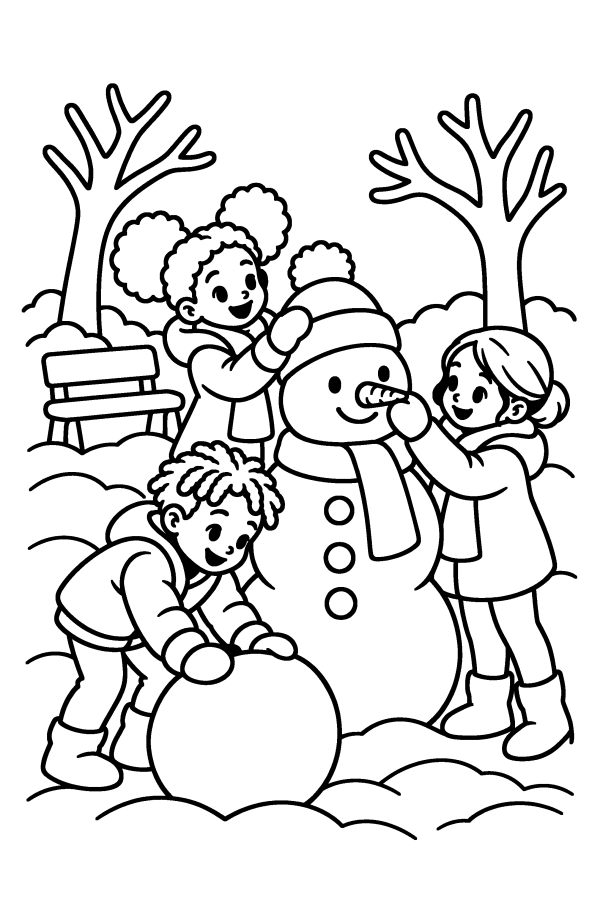 Dibujo de muñeco de nieve para colorear: tres niños hacen un muñeco de nieve