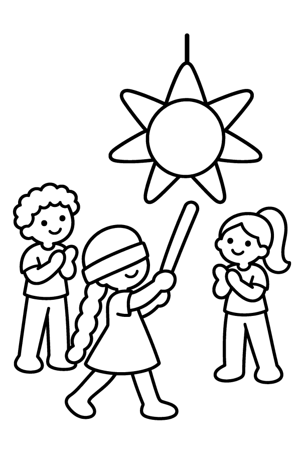Dibujo de piñata para colorear: niños la rompen por turnos en la posada