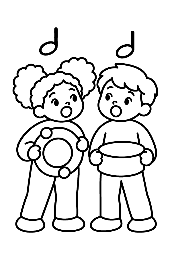 Dibujo de villancicos para colorear: niños cantan con una pandereta y un tambor