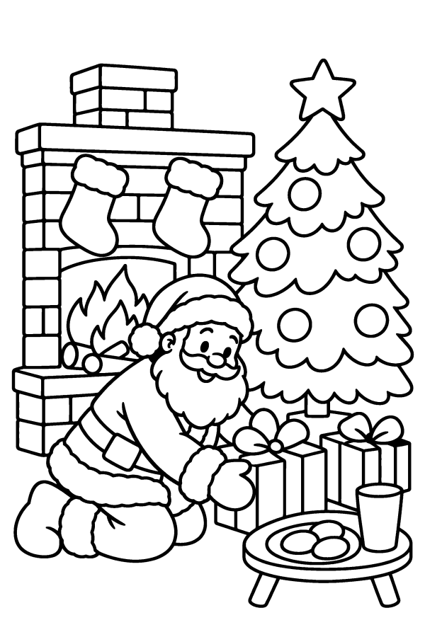 Dibujo de Papá Noel para colorear: deja regalos junto a la chimenea