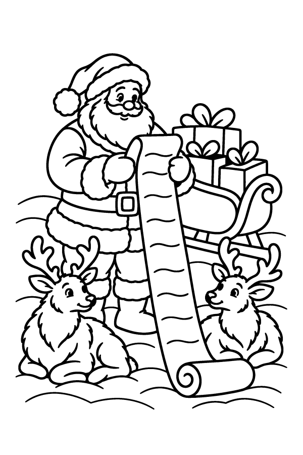 Dibujo de Papá Noel para colorear: revisa su lista junto al trineo