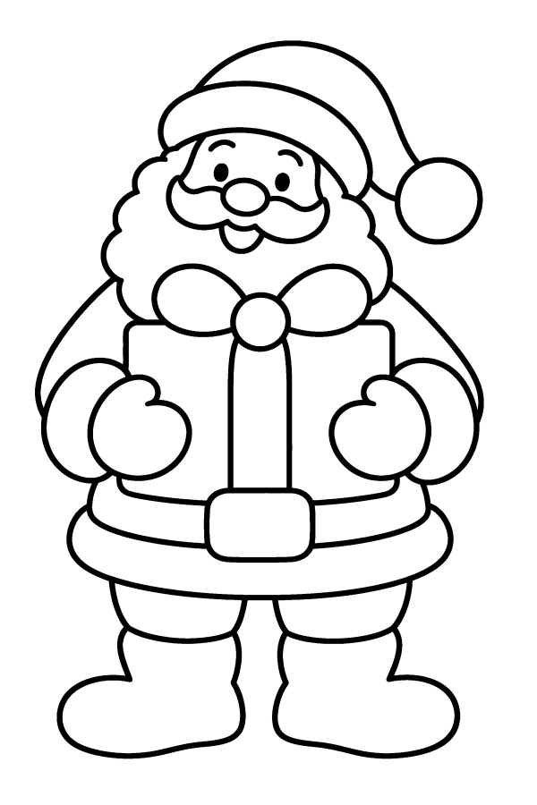 Dibujo de Papá Noel para colorear: con un regalo grande en los brazos