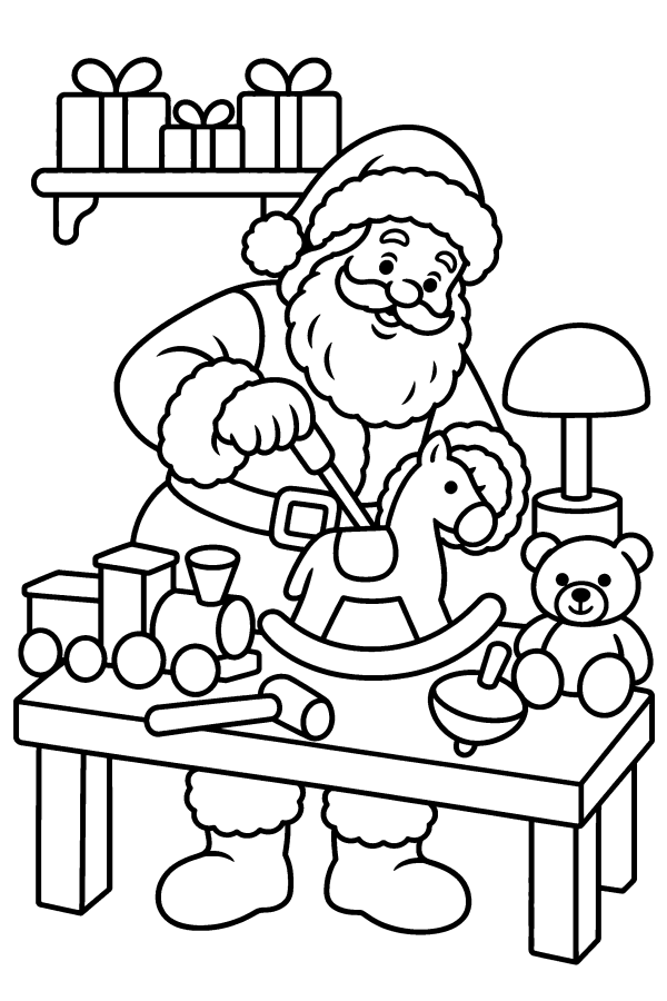 Dibujo de Papá Noel para colorear: fabrica juguetes en su taller