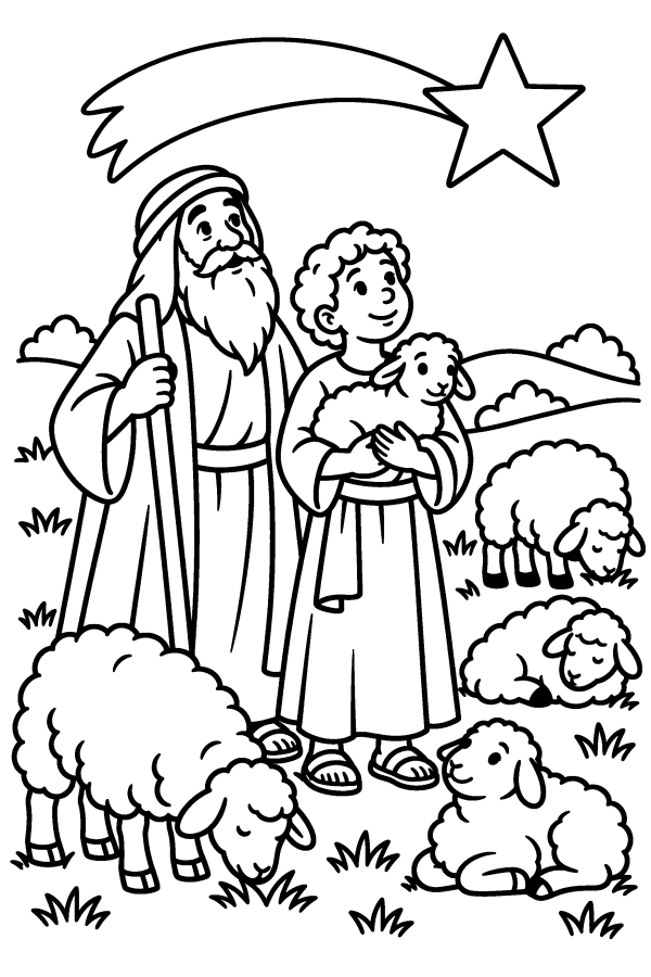 Dibujo del nacimiento para colorear: pastores con sus ovejas bajo la estrella