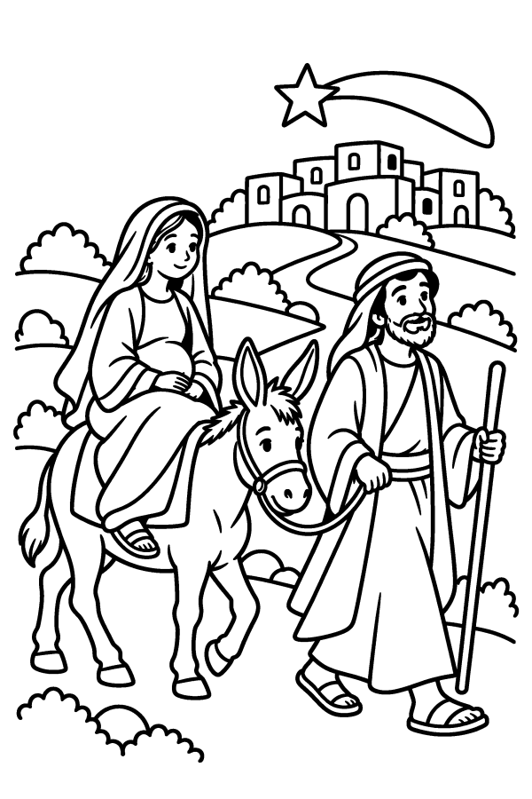Dibujo del nacimiento para colorear: José y María camino a Belén